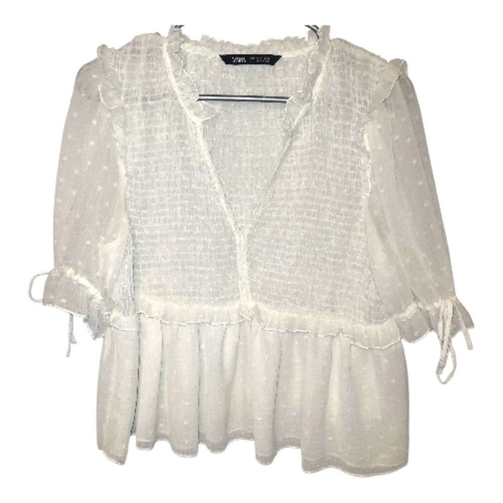 Zara White Smocked Peplum Blouse Small Boho Ruffle Sheer Top Feminine Romantic - Picture 2 of 7